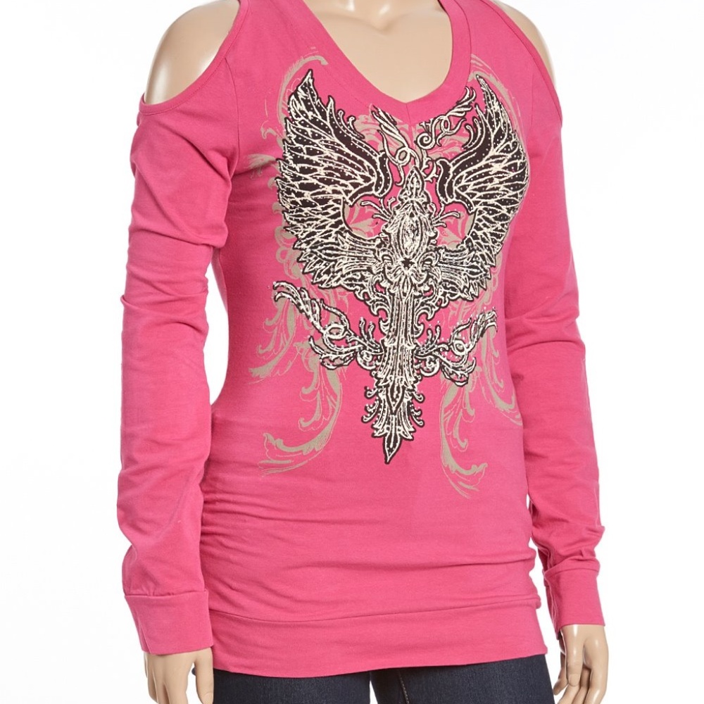 Bus Stop -Hot Pink Winged Cross Cutout Sweatshirt